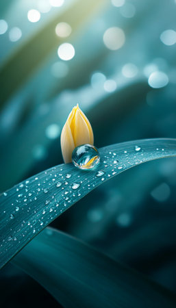 Glistening Morning Dew Droplet Reflects Delicate Petal on a Grass Blade in a Serene Natural Sceneの素材