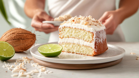 Slice of Coconut Lime Cake Topped with Toasted Coconut, Garnished with Lime, Tropical Dessertの素材