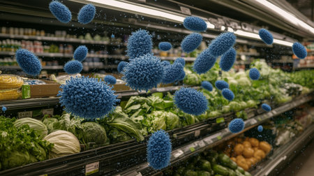 Invisible Threat Bacteria Lurking In Supermarket Produce Aisle,, Health Risks Of Contaminated Foodの素材