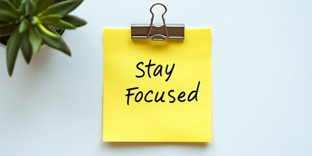 Stay Focused Reminder Isolated Yellow Note with Metal Clip and Minimalist Workplace Inspirationの素材