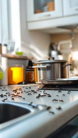 Ant Infestation Macro View of a Dirty Kitchen Counter Covered with Small Black Ants Near the Sinkの素材