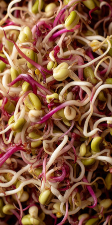 Vibrant Radish Microgreens With Sprouts Up Close, Highlighting Green Shoots And Purple Stems.の素材