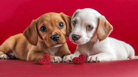Two Adorable Dogs Together on Valentine s Day with Decorative Glitter Hearts on Red Backgroundの素材