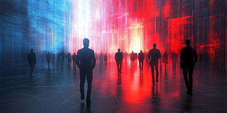 Journey Through Cyberspace, People silhouettes navigate a futuristic light-filled corridorの素材