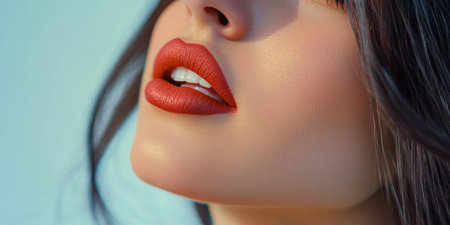 Close Up Of A Beautiful Woman s Face With Fashionable Red Lipstick, Beauty And Makeup Conceptの素材
