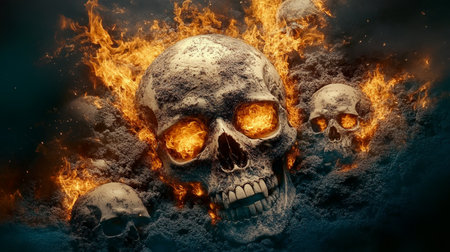 Vibrant Ethereal Skull Surrounded by Fiery Flames and Spectral Radiance on a Dark Backgroundの素材
