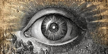 Ancient Drawing of the All-Seeing Eye in a Triangle with Human Figures for Spiritual Divinationの素材