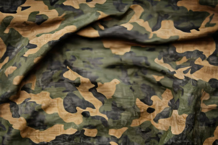 Close-Up of Camouflage Battle Dress Uniform with Unique Abstract Pattern for Military Terrain Useの素材
