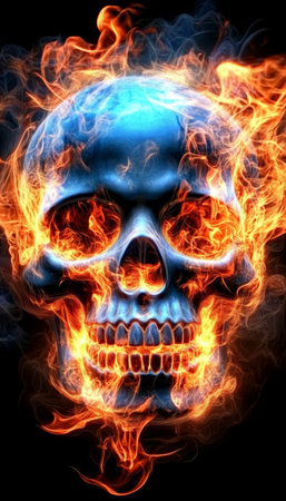 Intense Skull Engulfed in Flames, Representing Mortality and Destruction in a Dark Abstract Sceneの素材