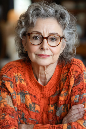 Confident Senior Woman Striking a Stylish Pose at Home, Showcasing Her Curly Gray Hair and Eleganceの素材