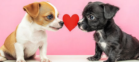 Adorable Puppies Sniffing a Heart on a Colorful Backdrop, Celebrating Canine Love and Companionshipの素材