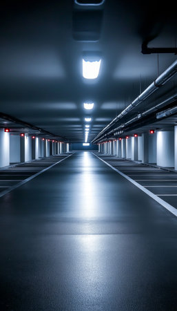 Spacious Underground Parking Structure Featuring Empty Bays, Modern Lighting, and Functional Designの素材