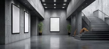 Modern Gallery Interior Mockup Featuring Concrete Walls, Framed Posters, and Indoor Plants, Stairsの素材