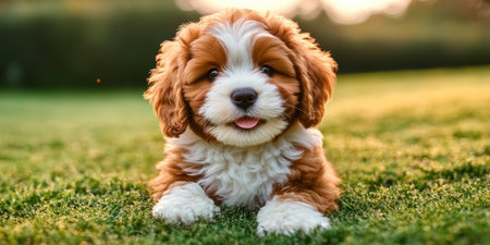 Adorable Cavapoo Puppy Relaxing in Warm Sunlight on Lush Green Grass, Fluffy and Playful Lookの素材