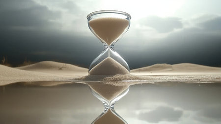 Timeless Serenity Glimmering Hourglass Sands Reflecting in Tranquil Waters at Sunset s Embraceの素材