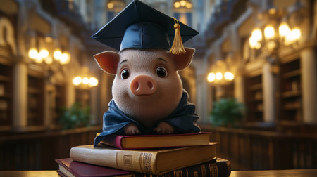 Celebrating Academic Success with a Graduation Cap on Books, Symbolizing Education and Achievementの素材