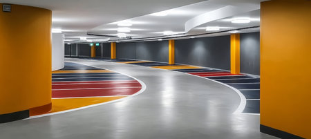 Illuminated Parking Garage with Smooth Floors and Directional Paint, Urban Architecture Viewの素材