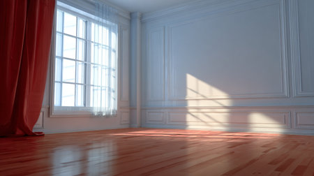 Bright and Airy Minimalist Interior Design Featuring Natural Light, Wood Flooring, and Red Curtainsの素材