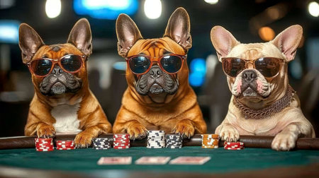 Hilarious and Whimsical French Bulldogs Engaged in a Poker Game at a Vibrant Casino Settingの素材