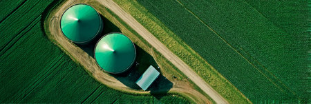 Aerial view of a large biogas plant surrounded by lush green agriculture meadows and grasslands.の素材