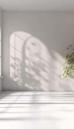 Bright and Minimalist Studio Room with Sunlight, Shadows, and Leafy Window Effects for Photographyの素材