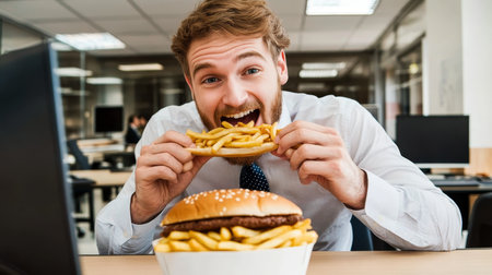 Busy Executive Enjoying Takeaway Burger and Fries in a Modern Office During a Productive Workdayの素材