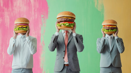 Playful Scene with Men Featuring Burgers Instead of Heads, Colorful Background, Food and Fun Themeの素材