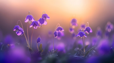 Ethereal sunset casts a warm glow over a field of delicate purple flowers in a serene meadow sceneの素材