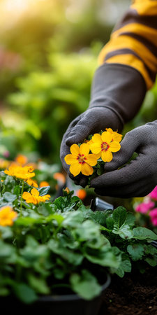 Carefully Hand Picking a Golden Petaled Bloom Over a Potted Seedling in Bright Spring Sunshineの素材