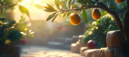 Golden olives glowing in sunlight, hanging delicately from branches in a Mediterranean landscape.の素材