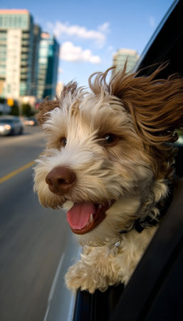 Happy Dog with Head Out the Window of a Car, Enjoying the Wind on a Busy City Street Adventureの素材