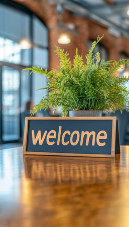 Modern Office Space Featuring a Lush Fern and a Warm Welcome Sign Creating an Inviting Atmosphereの素材