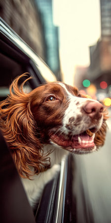Happy Dog in a Car Enjoying a Scenic Ride Through Bustling City Streets, Tail Wagging Excitedlyの素材