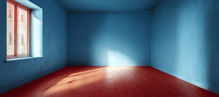 Sunlit Serenity A Minimalist Blue Room with Warm Wooden Floor and Sunlight Streaming Through Windowの素材