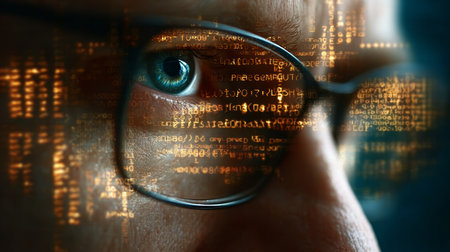 Close Up of a Man with Glasses Analyzing Data Streams Reflecting in His Vision and Concentrationの素材
