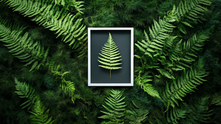 Lush Green Fern Centerpiece Framed in White with Exotic Vegetation for Botanical Art Displayの素材