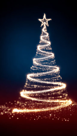 Sparkling Christmas Tree Illustration on Dark Blue Background for Joyful Holiday Celebrations.の素材