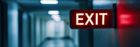 Brightly Lit Emergency Exit Sign in a Modern Building, Guiding Evacuation with Clarity and Safetyの素材