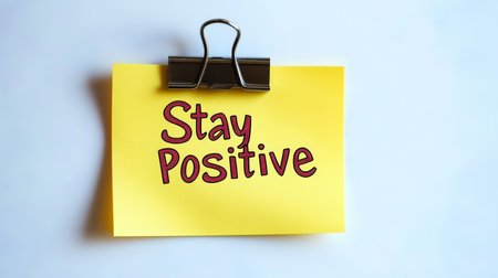 Stay Positive Note. Isolated Yellow Sticky Note On White Background With Motivational Quote.の素材
