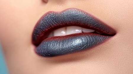 Close Up Of A Woman s Lips With Fashionable Grey Silver Metallic Lipstick, Lip Makeup And Cosmeticsの素材