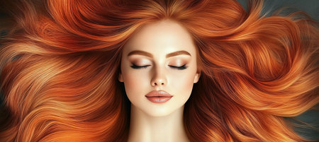 Beautiful red haired woman with closed eyes, flowing copper hair, and radiant highlights in style.の素材
