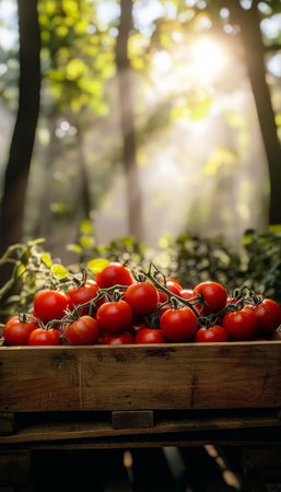 Freshly Harvested Cherry Tomatoes in a Beautiful Organic Farm Setting Under Bright Sunlightの素材