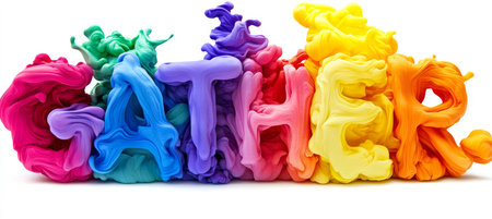 Vibrant Colorful Ink Clouds Forming the Word GATHER in an Abstract Art Explosion Backgroundの素材