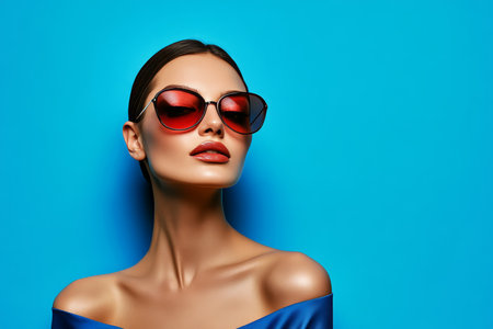 Beautiful Woman With Red Lipstick Wearing Sunglasses - Fashion Portrait On Blue Backgroundの素材