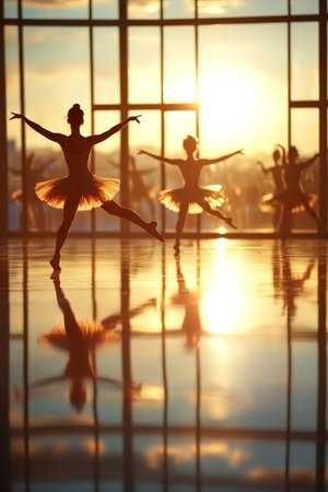 Graceful Ballerina Silhouette at Sunset, Dance Studio, Mirrored Reflection, Copy Spaceの素材