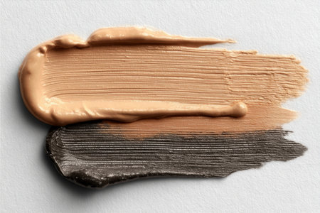 Close-Up of Colorful Makeup Smears and Brushes A Creative Guide to Foundation and Cream Shadesの素材