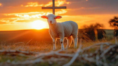 Lamb in Peaceful Pasture at Sunset, Symbolizing Faith and Harmony in a Serene Religious Landscapeの素材