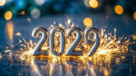 2029 New Year Celebration Background With Sparkling Silver Numbers And Festive Fireworks.の素材
