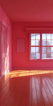 A Bright Pink Minimalist Room with Ample Window, Wooden Floor, and Modern Wall for Inspirationの素材