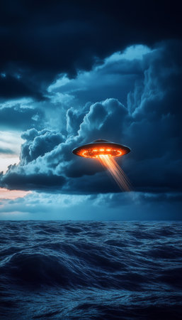 Mysterious, Unknown Object Illuminating Stormy Sea with Futuristic Saucer Beneath Dark Cloudsの素材
